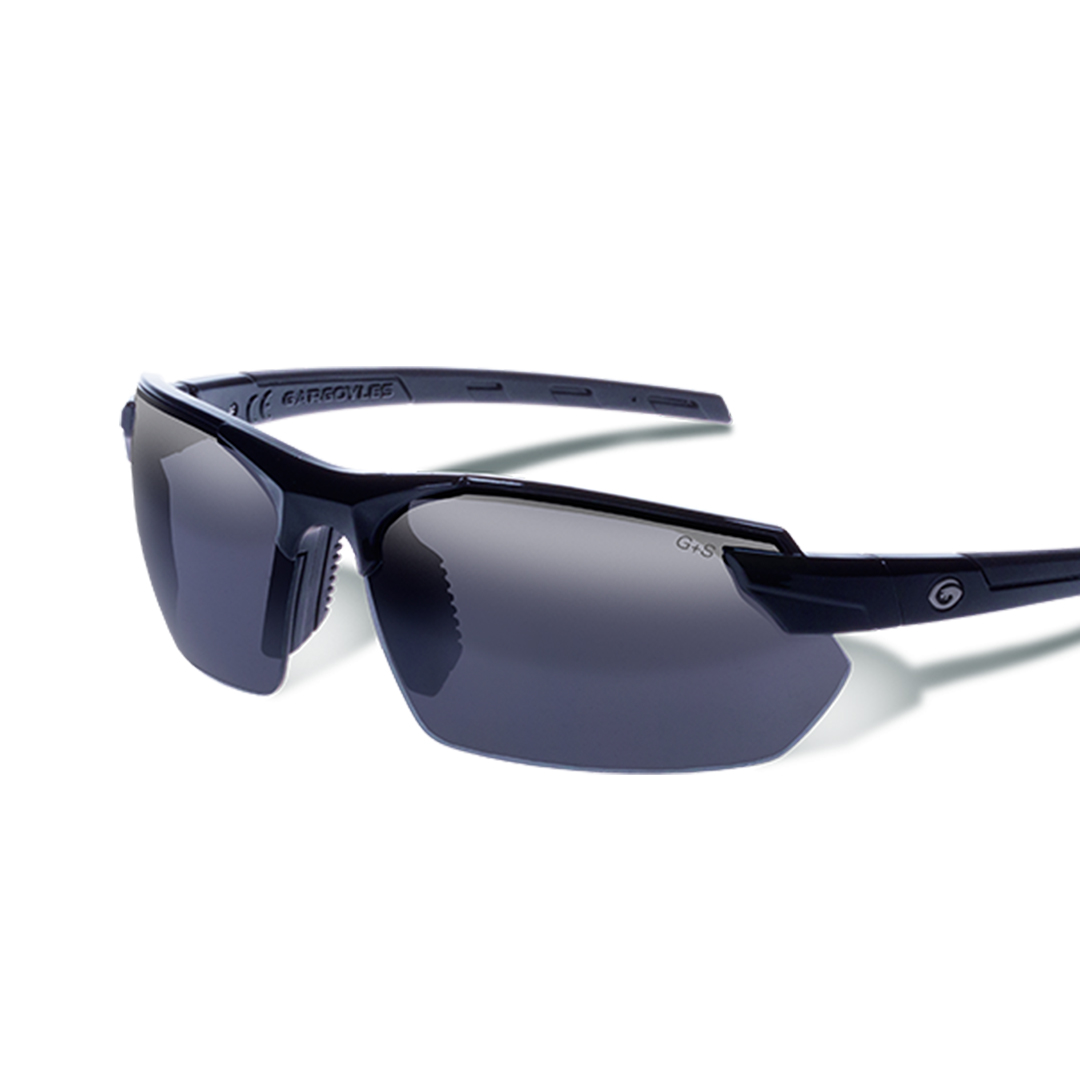Pair of black Gargoyle brand sunglasses with grey mirrored lenses.