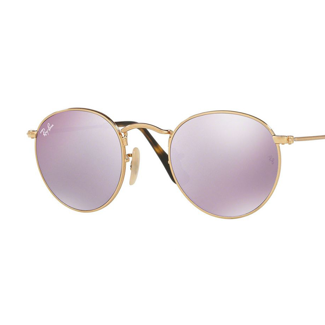 Stylish Ray-Ban sunglasses with lilac mirror lenses and a gold metal frame.