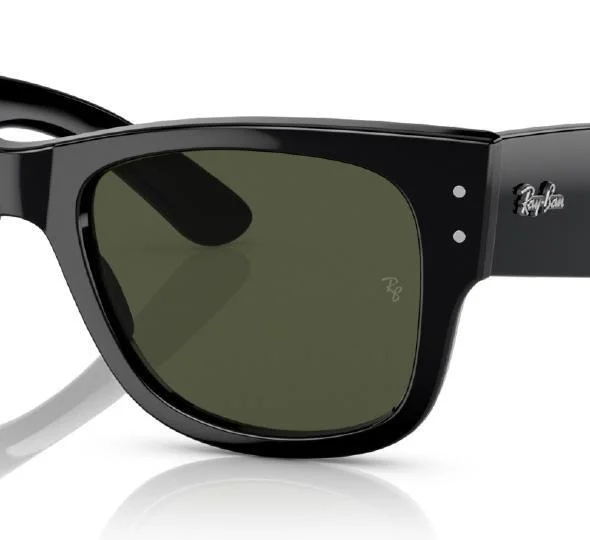 Close-up of Ray-Ban MEGA WAYFARER RB0840S sunglasses with black frames and green lenses on a white background, offering superior eye protection.