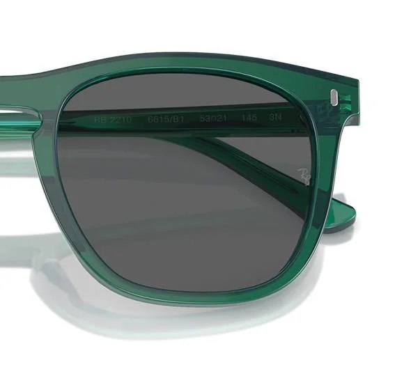 Ray-Ban RB2210 sunglasses featuring green frames, dark polarized lenses, and a visible Ray-Ban logo on the top right corner of one lens.