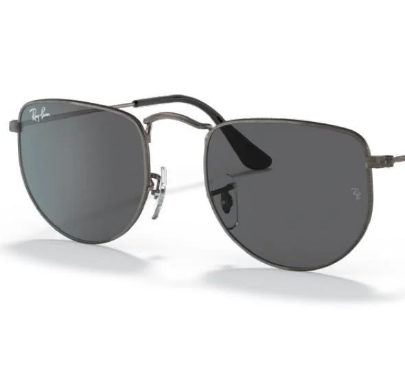 These Ray-Ban ELON RB3958 Sunglasses feature silver metal frames and dark lenses, adorned with a small Ray-Ban logo on the top left corner of each lens. They offer UV protection and showcase a vintage wired shape for a classic yet modern look.