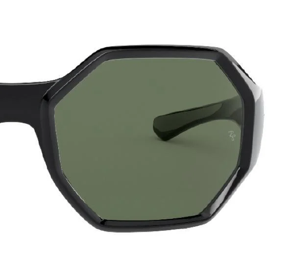 Close-up of the Ray-Ban RB4337 Sunglasses with a black hexagonal frame and green-tinted lenses, showcasing Ray-Ban’s renowned high-performance shades and UV protection.