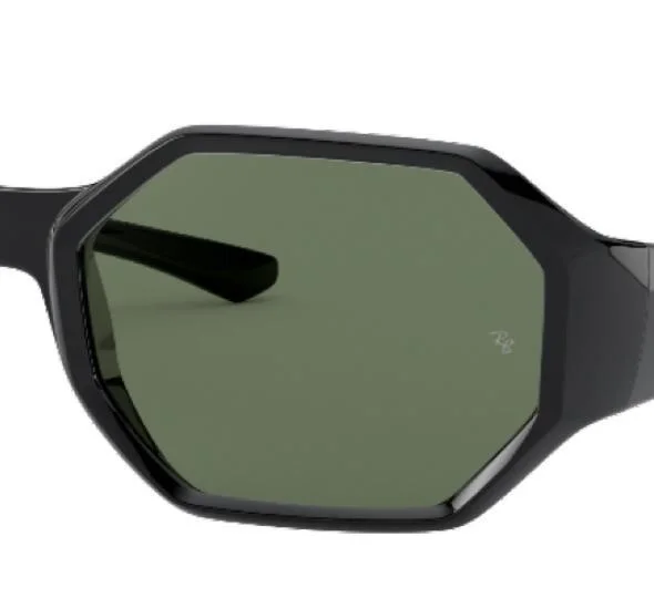 Close-up of Ray-Ban RB4337 Sunglasses featuring a black hexagonal frame and dark green lenses, providing high-performance UV protection.