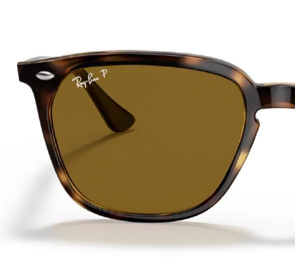 Ray-Ban RB4362F Sunglasses | Size 55 from Ray-Ban feature high-quality, brown-tinted lenses and tortoiseshell frames with a minimal squared shape, showcasing the iconic "Ray-Ban P" logo on one lens.